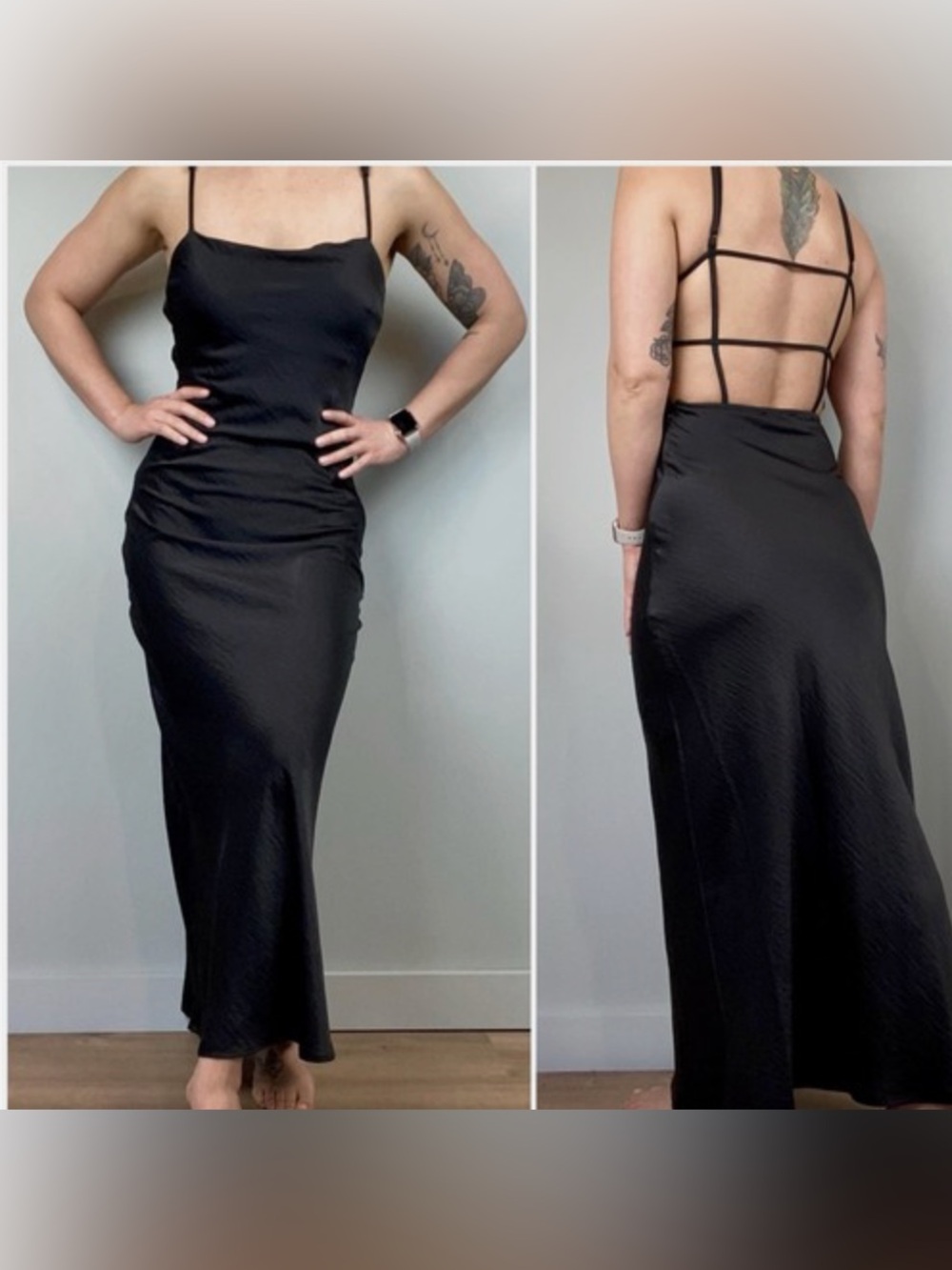 House of Harlow 1960 Black Satin Slip Maxi Cocktail Dress with Strappy Open Back